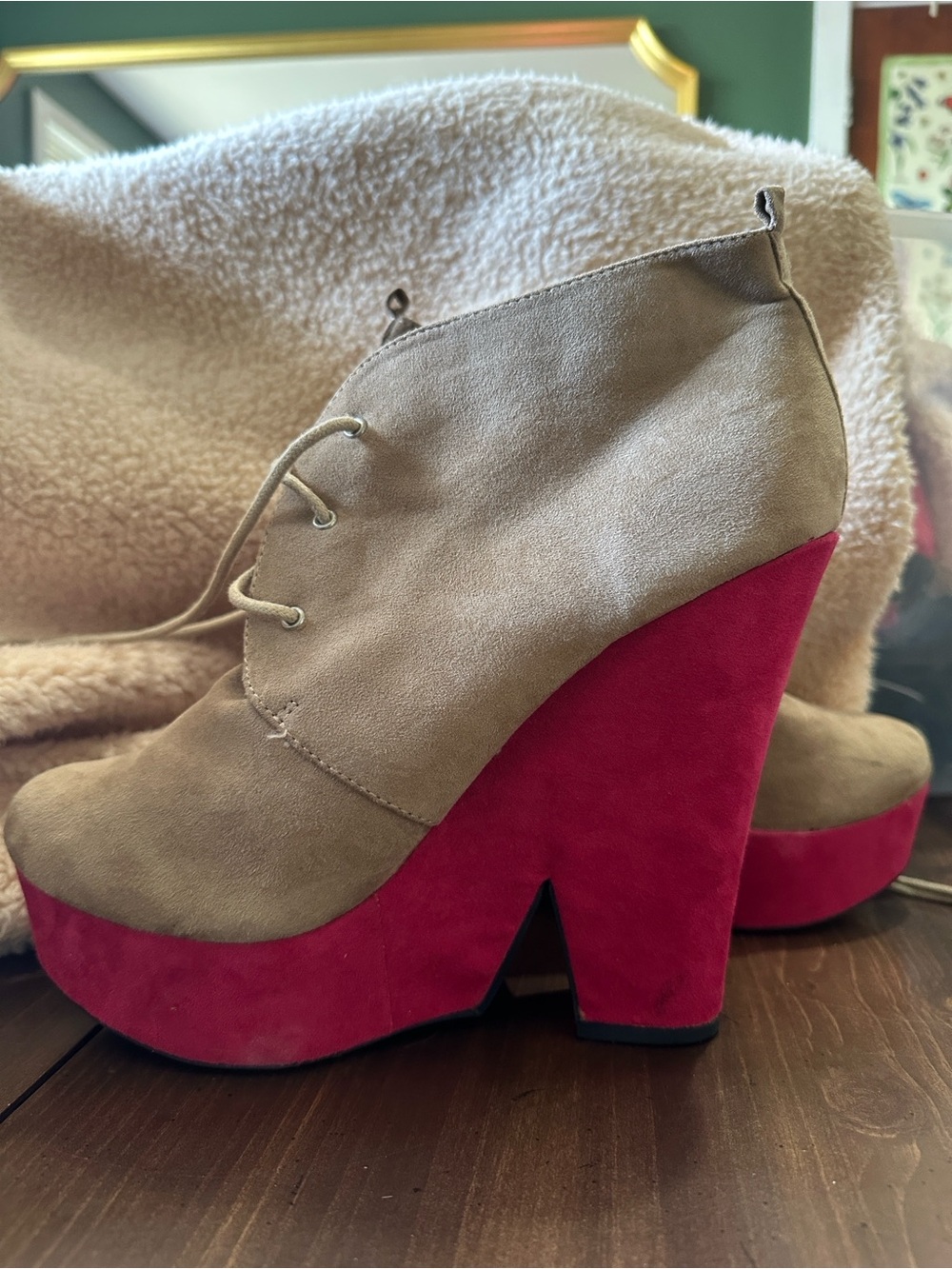 FRH Taupe Suede Lace-Up Wedge Booties with Pink Platform